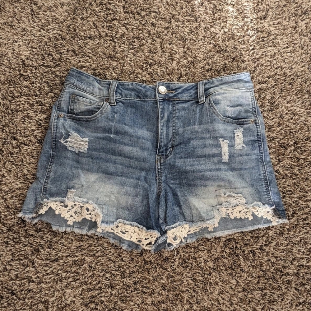 Maurices Blue and White Jean Shorts with Distressed Look